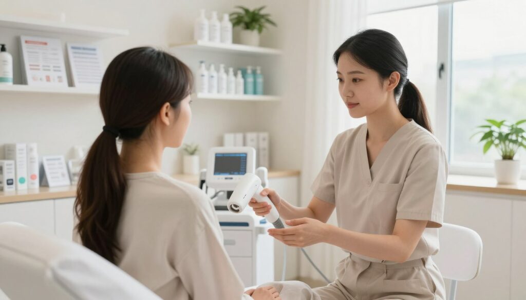 A clean and serene clinical environment, showcasing a bright and well-lit treatment room for a diode laser session. In the foreground, a professional female therapist in modest casual attire explains pre-treatment care to a client seated comfortably on a treatment bed. Both individuals express calm and confidence, emphasizing trust and professionalism. In the middle ground, shelves filled with skincare products and informative brochures about laser treatments are neatly arranged. The background includes soft, natural lighting streaming through a window, with a few plants adding a touch of warmth to the clinical space. The atmosphere is tranquil and inviting, suitable for a medical setting focused on skin health. The angle captures the interaction between the therapist and client, emphasizing preparation and care.
