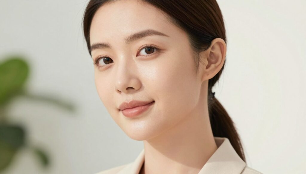 A close-up portrait of a woman with radiant skin, showcasing a healthy glow and smooth texture, exemplifying the results of facial aesthetic treatments. The subject has a serene expression, wearing elegant, modest business attire. The foreground features soft, diffused lighting that highlights the natural sheen of her skin, creating a luminous effect. In the middle ground, subtle botanical elements, like soft-focus greenery, evoke a sense of calm and wellness. The background has a light, airy gradient, suggesting a spa-like ambiance. The atmosphere is serene and uplifting, emphasizing beauty and self-care in a professional yet inviting setting. The image is framed at an angle that emphasizes her face and expressions, enhancing the intimacy of the moment.