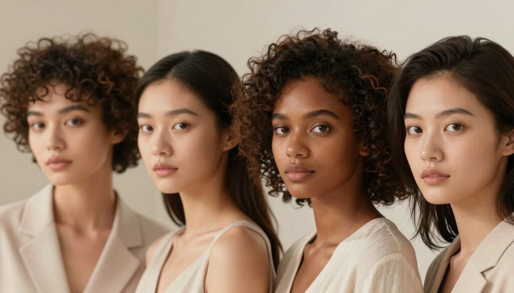 A close-up view of various skin types and hair textures, elegantly displayed in a neutral-toned studio setting. In the foreground, showcase a diverse group of four models with different skin tones and hair types, dressed in light, professional clothing to maintain a modest appearance. Each model exhibits natural skin and hair, highlighting their unique characteristics while maintaining an aesthetic balance. The middle ground features soft lighting that enhances skin luminosity and texture detail, casting gentle shadows. The background should be minimalist, perhaps with soft, blurred colors to keep the focus on the models. The overall mood should be informative yet inviting, suggesting a sense of sophistication and professionalism in the context of skin and hair care.