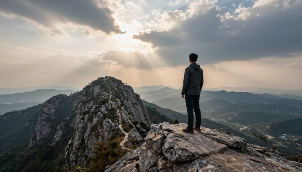 A determined individual standing atop a rocky mountain peak, overlooking a vast landscape under a dramatic sky filled with clouds and rays of sunlight breaking through. In the foreground, the person is dressed in professional outdoor attire, conveying resilience and strength. The middle ground features steep cliffs and a winding path leading up the mountain, symbolizing challenges faced along the journey. In the background, distant mountains and valleys create a sense of depth and adventure. The atmosphere is inspiring, evoking feelings of perseverance and triumph. The lighting is warm, suggesting dawn or dusk, emphasizing hope and new beginnings. Capture this moment with a wide-angle lens to highlight the expansive scenery and the lone figure's achievements.