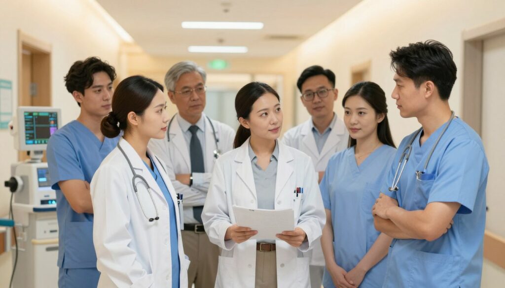 A diverse group of professionals standing together in a well-lit hospital corridor, exuding teamwork and confidence. In the foreground, a female doctor in a white coat and a male nurse in scrubs discuss patient care, while in the middle, an administrator reviews documents with a thoughtful expression. In the background, a modern hospital environment features medical equipment and indications of advanced healthcare, such as digital screens displaying patient information. The lighting is warm and inviting, highlighting the collaborative atmosphere. The image captures a sense of safety and professionalism, showcasing the importance of choosing the right team and conditions for optimal patient care.