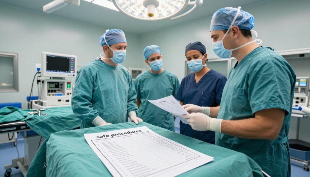 A focused surgical environment showcasing the concept of "safe procedures." In the foreground, a table with an organized surgical checklist and protocols displayed prominently. In the middle ground, a diverse team of healthcare professionals in scrubs—two surgeons, a nurse, and an anesthetist—are engaged in discussion, reviewing the checklist with intense concentration. The background features a well-equipped surgical room, with bright, even lighting illuminating the sterile instruments and high-tech machinery. The camera angle is slightly above eye level, providing an overview of the activity, emphasizing teamwork and the importance of adherence to safety protocols. The atmosphere is serious yet collaborative, highlighting the commitment to safety in surgical practice.