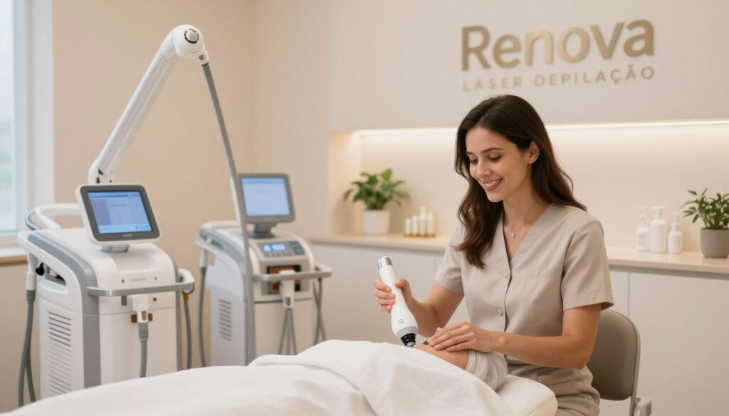 A modern and inviting laser hair removal clinic interior, showcasing a clean, elegant design. In the foreground, a friendly, professional aesthetician, dressed in modest business attire, is consulting with a client, demonstrating a caring and personalized approach to treatment. The middle ground features a state-of-the-art laser machine and well-organized treatment areas, highlighting advanced technology and a safe, sterile environment. In the background, soft, ambient lighting creates a calming atmosphere, with light pastel colors on the walls and natural plants that add warmth. The scene conveys trust and professionalism, emphasizing the differentiating factors and benefits of choosing Renova Laser Depilação as the top-rated clinic in São Paulo. The focus is on a welcoming and reassuring setting that highlights excellence in service and care.
