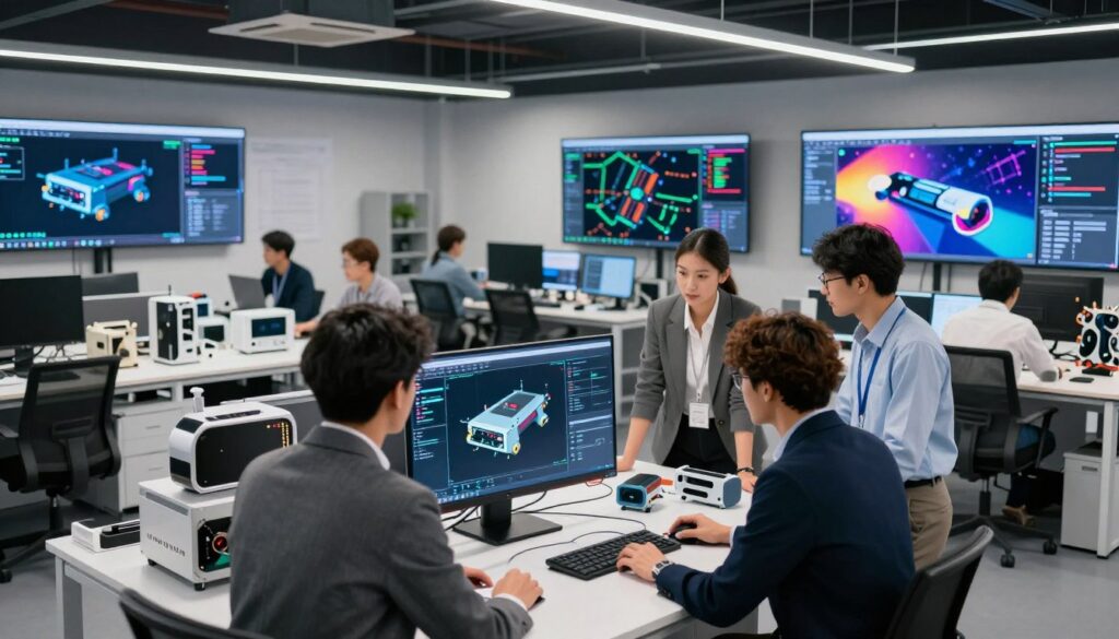 A modern engineering workspace showcasing advanced simulation and prototyping technologies. In the foreground, a diverse team of four professionals, dressed in smart business attire, collaborates around a high-tech digital interface displaying 3D models and simulations of product designs. The middle ground features various prototypes on workbenches, including sleek devices and mechanical components, illuminated by bright overhead LED lighting to emphasize clarity and detail. In the background, large screens display complex engineering data and virtual simulations in vibrant colors. The atmosphere is focused and innovative, conveying a sense of dynamic teamwork and technological advancement in a spacious, modern setting. The camera angle is slightly elevated, capturing the energy and interaction among the team while highlighting the modern tools they are utilizing.