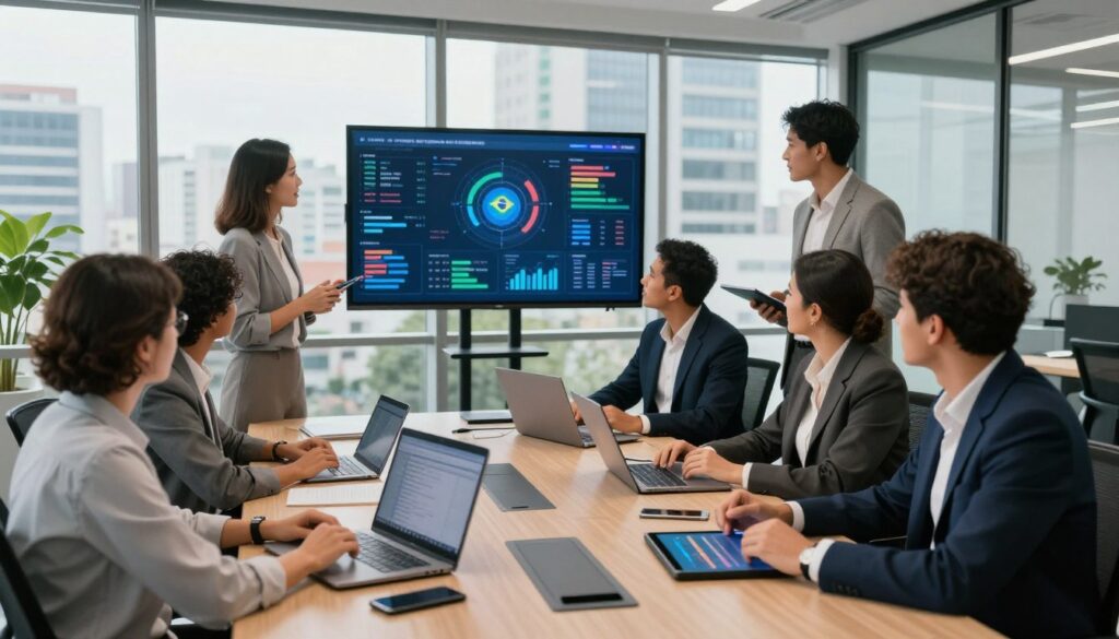 A modern office setting in Brazil, with a dynamic atmosphere showcasing advanced technology. In the foreground, a diverse team of professionals, dressed in smart business attire, engages in a brainstorming session around a sleek conference table filled with digital devices like laptops and tablets. The middle ground features a large screen displaying data analytics and innovative solutions, enhancing collaboration. In the background, large windows reveal a vibrant cityscape, symbolizing growth and opportunity. Soft, natural lighting streams in, creating a bright and uplifting mood. The angle captures the interaction among team members, emphasizing teamwork and technological advancement. The overall atmosphere conveys optimism and forward-thinking, reflecting the benefits and opportunities of advanced technology for Brazilian companies.