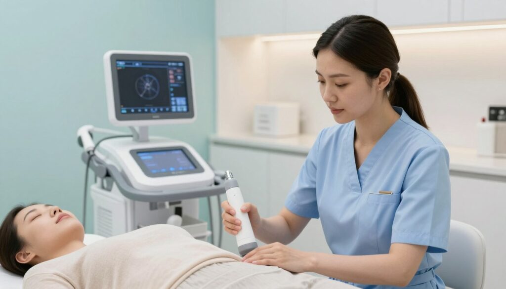 A professional aesthetic treatment setting showcasing a modern clinic focused on body contouring and localized fat reduction. In the foreground, a well-groomed female practitioner in smart casual attire is demonstrating a non-invasive technology on a patient, who is wearing modest clothing. The middle ground features sleek, high-tech equipment like ultrasound or laser machines, emphasizing the advanced treatment options. In the background, soft ambient lighting enhances the serene atmosphere, with soothing colors like light blue and white, promoting relaxation. The angle is slightly elevated, capturing both the practitioner’s expertise and the patient’s comfort, creating an inviting mood that reflects professionalism and innovation in cosmetic treatments.