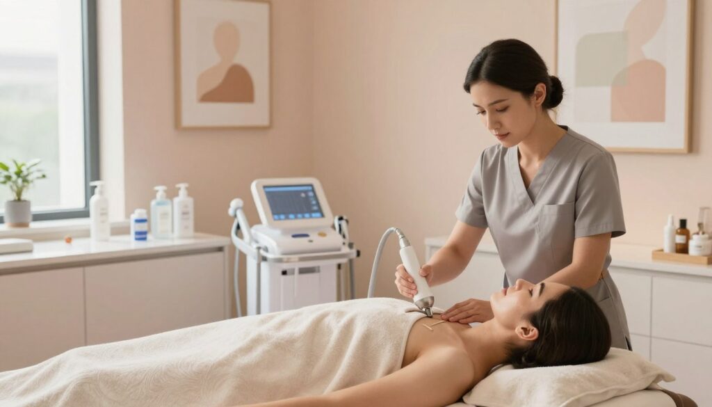 A serene and inviting aesthetic clinic interior, showcasing a modern treatment room focused on body aesthetics. In the foreground, a professional therapist in smart casual attire is demonstrating a non-invasive body treatment on a client, who is comfortably lying on a treatment table covered with a soft towel. The therapist is using a handheld device, highlighting techniques for cellulite reduction and skin tightening. In the middle ground, various aesthetic instruments and products are neatly arranged on a sleek counter. The background features soothing pastel-colored walls adorned with calming art and soft lighting, creating a tranquil atmosphere. The scene is lit with warm, natural light flowing from large windows, evoking a sense of relaxation and professionalism in the beauty treatments.