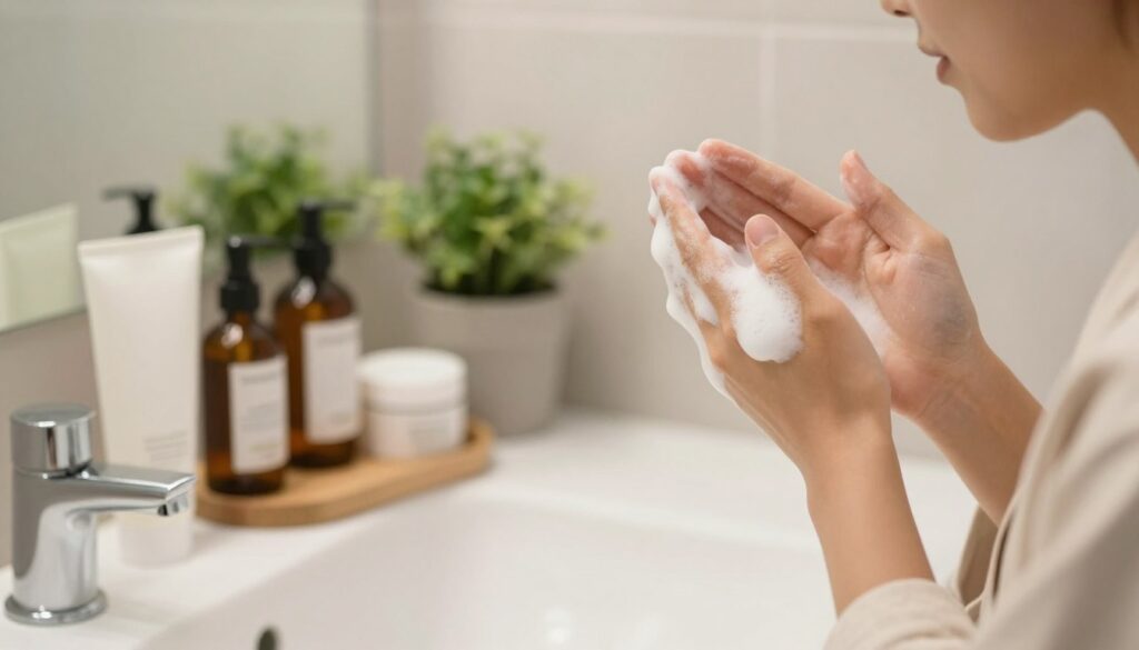 A serene and inviting bathroom setting focused on facial cleansing. In the foreground, a person with a calm expression is gently applying a foamy cleanser to their face with their fingertips, wearing a light and modest robe. The middle ground features a stylish, well-organized vanity with natural skincare products, including a facial cleanser, toner, and hydrating cream, all arranged aesthetically. The background reveals soft, diffused lighting illuminating the scene, with a small potted plant adding a touch of greenery. The atmosphere is tranquil and refreshing, evoking a sense of self-care and relaxation. The overall composition is clean and harmonious, emphasizing skin health and proper facial cleansing techniques.