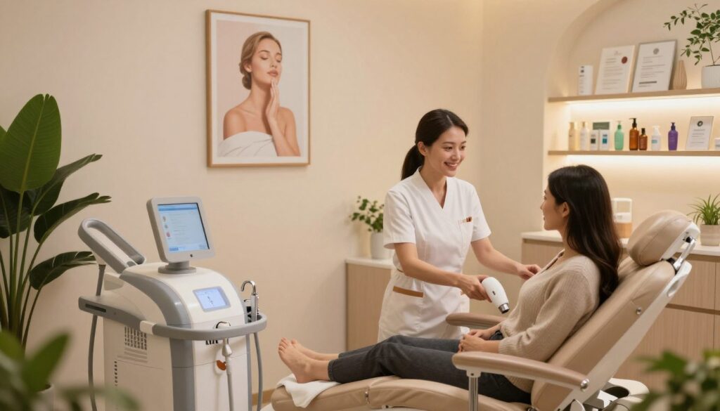 A serene and inviting laser hair removal clinic interior, emphasizing a sense of comfort and professionalism. In the foreground, a warm and well-lit consultation room with a sleek, modern laser device, surrounded by calming plants and soft, neutral-colored decor. A female technician in professional attire, demonstrating a friendly demeanor, interacts pleasantly with a client seated comfortably in a treatment chair. The middle ground features a soothing ambiance, with soft ambient lighting illuminating the space, while framed art depicting relaxation and beauty hangs on the walls. In the background, blurred shelves display skincare products and informative brochures, enhancing the feeling of expertise and care. The overall mood is tranquil and welcoming, capturing the essence of a positive experience in personal care. The angle is slightly elevated, providing a comprehensive view of the room's layout.
