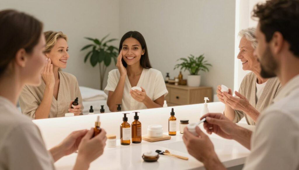 A serene and inviting spa scene centered around skincare, featuring a diverse group of four individuals—two women and two men—dressed in professional, modest casual clothing. They are engaged in a skincare routine at a well-lit vanity, with an array of natural skincare products and tools elegantly organized on the counter. The foreground showcases close-up shots of hands applying creams and serums, highlighting various skin types. In the middle, a large mirror reflects the joyful expressions of the participants, creating a bond over shared skincare tips. The background features calming elements, such as potted plants and soft ambient lighting, enhancing the tranquil atmosphere. The mood is uplifting, emphasizing the importance of skincare at different life stages, with soft, warm lighting that radiates a sense of harmony and wellness.