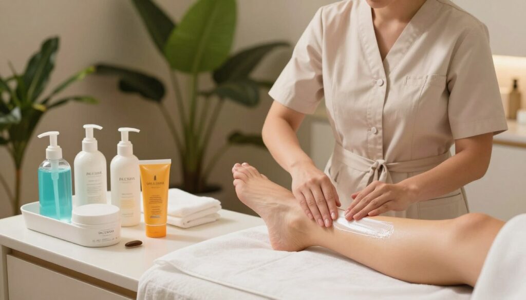 A serene and professional spa environment focusing on hair removal aftercare. In the foreground, a well-organized countertop with skincare products like soothing gels, moisturizers, and sunblock, neatly arranged. In the middle, a skincare professional in modest, professional attire demonstrates proper aftercare techniques, gently applying a moisturizer to a client’s leg. Soft lighting bathes the scene in a warm glow, creating a calming atmosphere. Lush green plants decorate the background, enhancing the tranquil feel. The focus is on education and care, capturing the essence of post-hair removal sessions. The angle should be slightly above eye level, allowing for a clear view of both the expert and the products, highlighting the importance of aftercare in a professional setting.