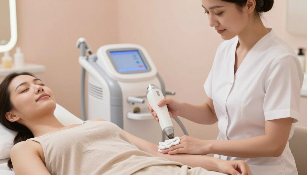 A serene beauty salon setting illustrating the process of hair removal using both laser and wax techniques. In the foreground, a professional aesthetician in a clean, smart outfit is gently applying warm wax to a client's arm, showcasing precision and care. The client, wearing a modest, comfortable attire, appears relaxed and content. In the middle ground, a cutting-edge laser hair removal device is positioned, with a soft glow indicating its readiness for use. The background displays calming pastel colors, creating a tranquil atmosphere with soft lighting that enhances the warmth and professionalism of the scene. The overall mood is one of comfort, cleanliness, and reassurance, highlighting modern hair removal methods as effective and inviting.