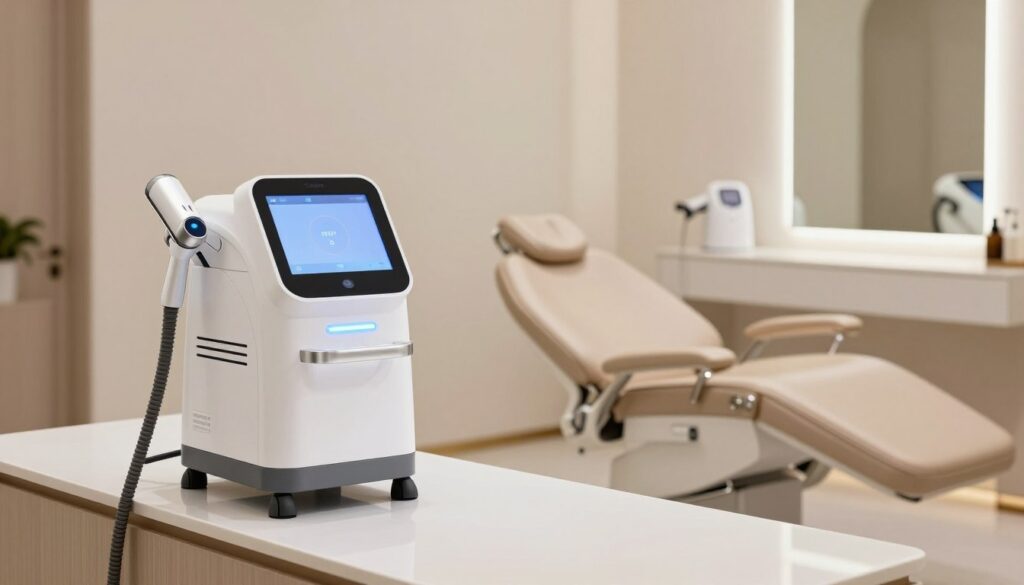 A sleek, modern aesthetic showcasing advanced technology in a beauty salon setting. In the foreground, a high-tech hair removal device is elegantly displayed on a polished countertop, its screen illuminated with soft blue lights. Mid-ground features a well-lit treatment room with a comfortable, stylish treatment chair and a mirror reflecting the equipment. The background includes minimalistic decor with soothing colors, creating a calming atmosphere. The lighting is bright yet soft, enhancing the clean lines and innovative design of the equipment. Overall, the mood should convey professionalism and cutting-edge technology, emphasizing the importance of quality in personal care and innovative treatments.