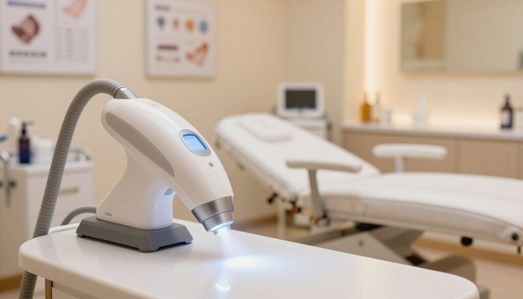 A sleek, modern laser hair removal device showcased prominently in the foreground, featuring a glowing laser beam illuminating the area. The middle ground displays a professional setting with a well-equipped treatment room, softly lit with warm, inviting tones that evoke a sense of security and professionalism. In the background, a sterile, clean environment with medical charts and soothing artwork that enhances the atmosphere of trust. The angle is slightly tilted to create depth, capturing both the device's sleek design and the serene treatment room. The image should convey an atmosphere of advanced technology, efficiency, and safety, reflecting a high standard of quality in cosmetic procedures.