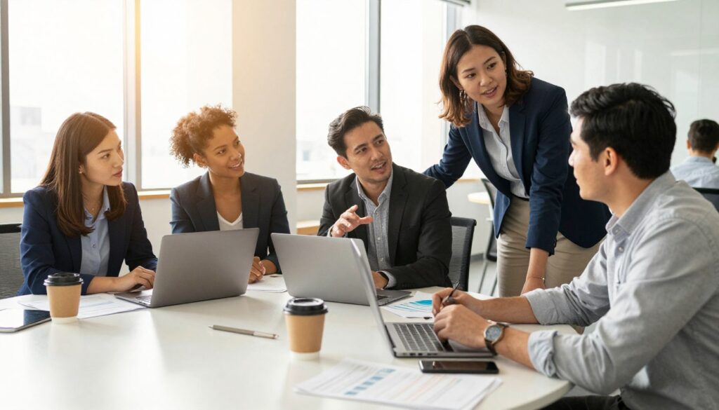 A vibrant and dynamic scene depicting a diverse group of professionals collaborating in a modern office environment. In the foreground, three individuals engaged in a discussion, wearing smart casual business attire, displaying enthusiasm and support for one another. The middle of the image features a large round table cluttered with laptops, documents, and coffee cups, symbolizing teamwork and brainstorming. In the background, large windows allow natural light to flood the space, enhancing the energetic atmosphere. The color palette is warm and inviting, with soft sunlight casting a golden hue over the scene. The angle captures the group's interactions, highlighting expressions of encouragement and determination, embodying the idea of building a supportive network.